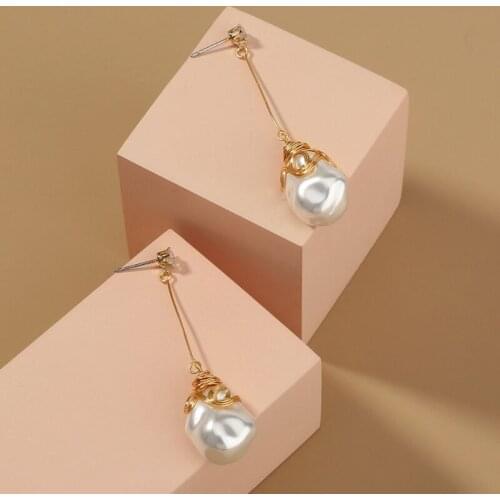 Handmade Baroque 6x1.5cm White Pearl Fancy 925 Silver Big Earrings Dangle Drop Earrings Ear Studs Christmas Jewelry Gift