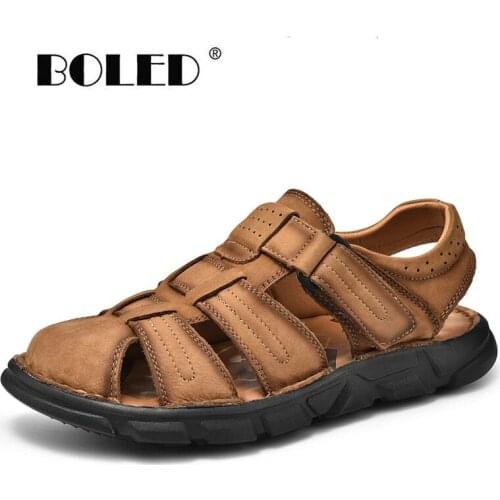 Natural Leather Mens Sandals Waterproof Summer Casual Shoes Men Anti-slip Rubber Breathable Beach Walking Shoes Sandals