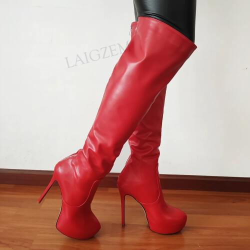 LAIGZEM Women Knee High Platform Boots Faux Leather Zip Up Thin High Heel Boots Female Shoes Woman Botines Big Size 42 47 50 52