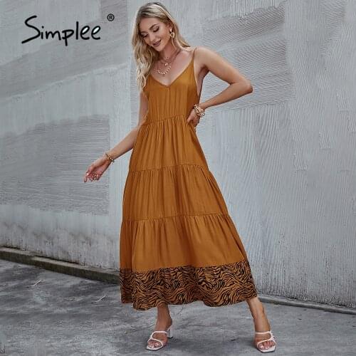 Simplee Summer Bohemian tunic Animals Stripes Straight Women Dress V-neck Spaghetti Backless Ladies Dress Brown Holiday Dress