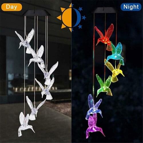 LED Solar Hanging Patio Light Porch Deck Garden Decor Home 6 LED Solar Hummingbird Wind Chime Butterfly Color Changing Mobile