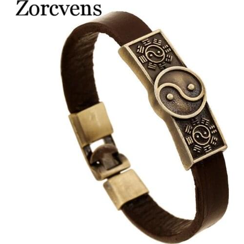 Modyle 2020 New Vintage Ethnic Ancient Alloy Taiji Charms Bracelets Leather Cuff Men Jewelry Gift