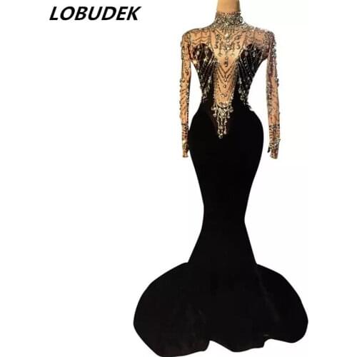 Evening Party Birthday Prom Celebrate Rhinestones Tailing Mermaid Dress Women Black Velvet Crystals Long Dress For Host Singer
