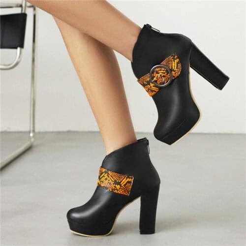 YMECHIC Sexy Hardware Accessories Buckle Ankle Boots Square High Heel Round Toe Back Zip Women Shoes Autumn 2021 Plus Size 34-45
