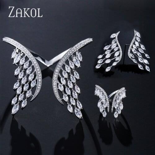 ZAKOL Romantic Cubic Zirconia Wings Opening Adjustable Bracelet Ring Set Bridal Jewelry for Women Wedding Anniversary FSSP3047