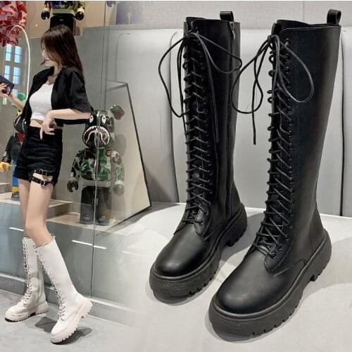 2021 Womens Boots Autumn Winter Ladies High Boots Round Toe Platform Rubber Boots For Woman Boots Black Botas Mujer