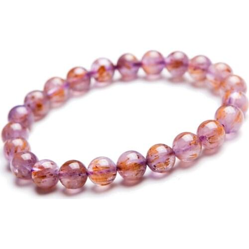 Genuine Natural Purple Gold Cacoxenite Rutilated Quartz Crystal Round Beads Women Stretch Bracelets 8mm