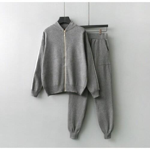 Two piece womens knitted sweater suit autumn new style fashion zipper casual slim coat pants suit 2 piece set women