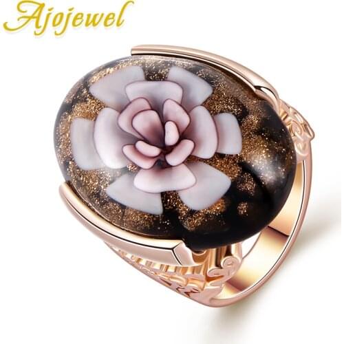 Ajojewel High Quality Gold-color Big Pink Murano Lampwork Glass Stone Flower Ring For Women Size 7-10