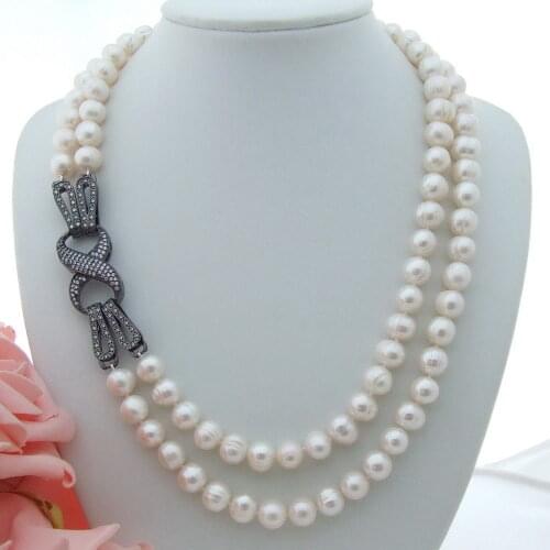 18-19'' 2 Strands 8-9mm White Pearl Necklace CZ Clasp