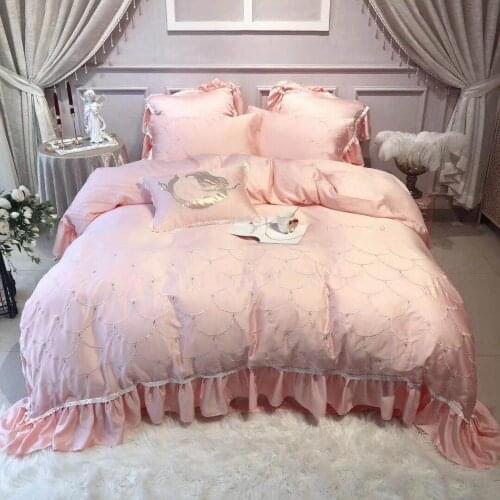 European Princess Wind 80 Double-sided Tencel 4/7pcs pink bedding set Duvet Quilt bed sheet Pillow Cover