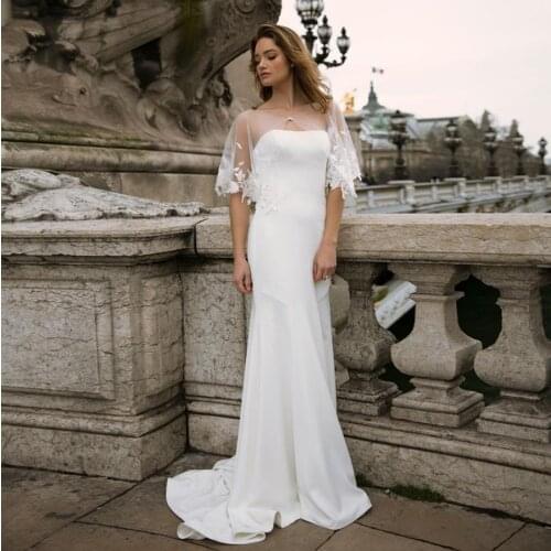 Strapless White Stretch White Wedding Dresses with Sophisticated Tulle Applique Floral Lace Bridal Cape Sheath Bridal Dresses