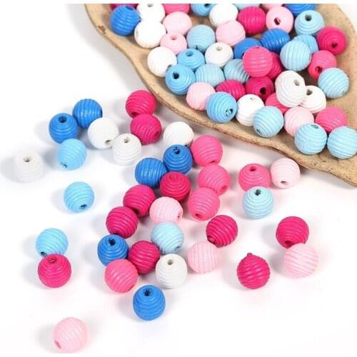 50pcs 14mm Candy Colors Mixed Wooden Beads Thread Stripe Wood Ball for DIY Craft Jewelry Making