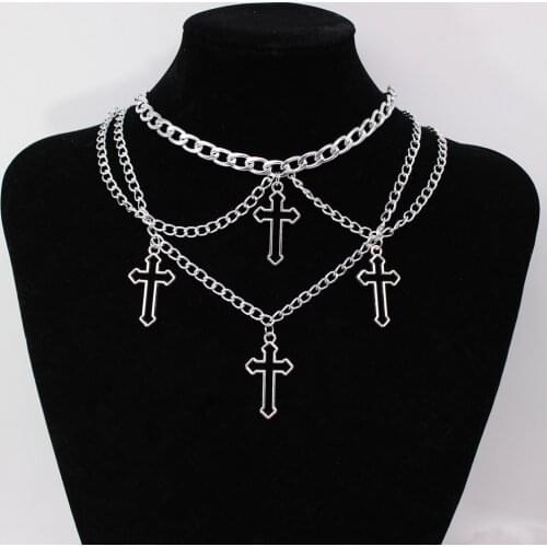 Goth Indie Silver Color Hollow Cross Pendant Necklaces Chains for Women E Girl Grunge Aesthetic Accessories Jewelry Kpop Choker