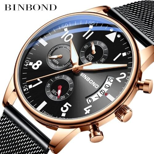 BINBOND Mens Sport Luminous Watch Waterproof Stainless Steel Chronograph Quartz Wristwatches Relogio Masculino For Man Relojes