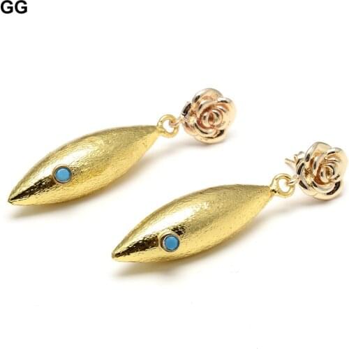 GG Jewelry Turquoise Blue CZ Gold Color Plated Edge Brushed Bead Drop Flower Stud Earrings Luxury For Women Lady Gift