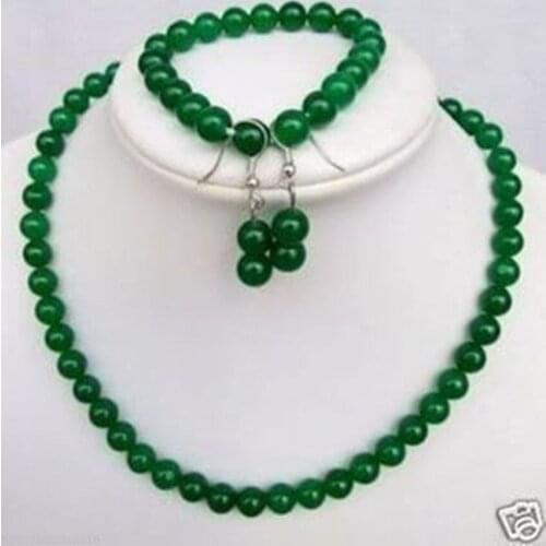 Exquisite Round 10mm Green stone Necklaces 18" Bracelets 7.5" Earrings Set