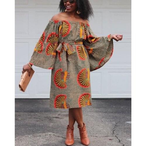 African Dresses for Women Dahsiki Print Plus Size Clothes European Clothing Off Shoulder Long Sleeve Belt Maxi Loose Dress
