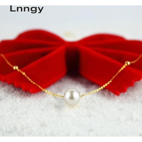 Lnngy 18K Yellow Gold Necklace Natural Freshwater Pearl Link Chain Classical Design Pearl Necklace Women Bijoux Jewelry Gifts