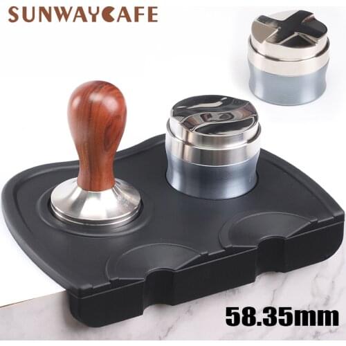 58.35mm Coffee Tamper Wooden Handle 304 Stainless Steel Four Leaves Hammer Coffee Powder Mat Cafe Tools Barista Set