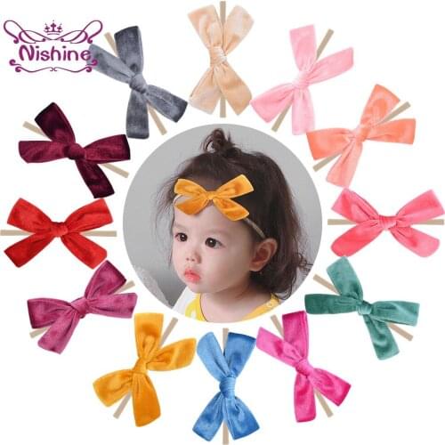 Nishine Simple Velvet Bowknot Newborn Headband 4.5 Inches Solid Color Bow Elastic Hairband Nylon Headwear Children Styling Tools
