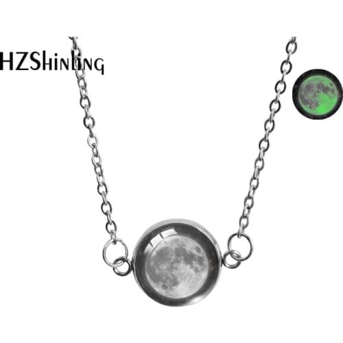 New Arrival Two Hooks Stainsteel Steel Necklace Glow in Dark Green Effect Glass Cabochon 14mm 20mm Necklace