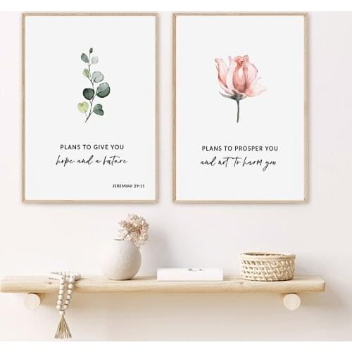 Plans To Give You Hope Bible Verse Flower Leaf Painting Canvas Prints Quotes Poster Bedroom Wall Art Pictures For Living Room