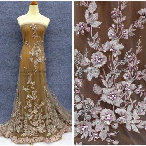 La Belleza gray pink/yellow/beige rhinestones pearls 3D flowers heavy handmade wedding dress lace fabric 51'' width 1 yard