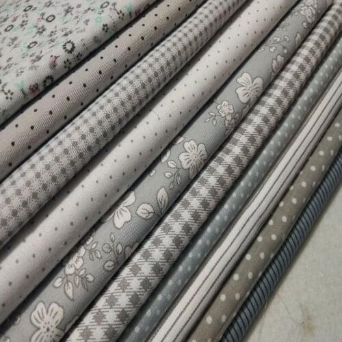 Pretty 10pcs Grey Color Flower Dot Check Stripe Printed 100% Cotton Fabric 25x24cm Small Size Bundle For DIY Sewing Deocration