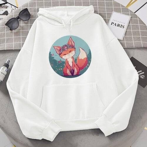 Harajuku Pink White Pullovers Casual Tops Cute Fox Printed Womens Hooded Sweatshirt Kawaii Student casual Hoodie Long Sleeves
