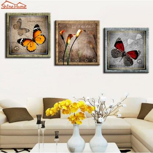 ShineHome-Retro Triptych Modular Oil Paintings Canvas Printings Butterfly Floral Picture Posters Prints on Wall Living Room Deco