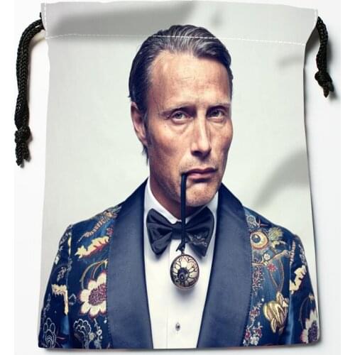 Mads Mikkelsen Drawstring Bags HD Print 18X22CM New Arrival Soft Satin Fabric Resuable Storage Clothes Bag Shoes Bags 12.2