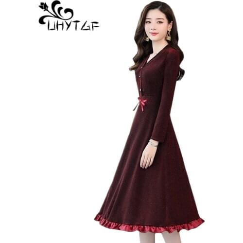 UHYTGF Spring dress women long-sleeved slim elegant party dresses high waist long dress Single-breasted pullover beach dress 884