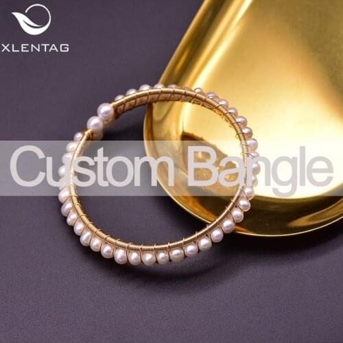XlentAg Natural Fresh Water Pearls Personalized Bangle For Women Natural Stone Ctystal Gold-plated Couple Bangles Custom Jewelry