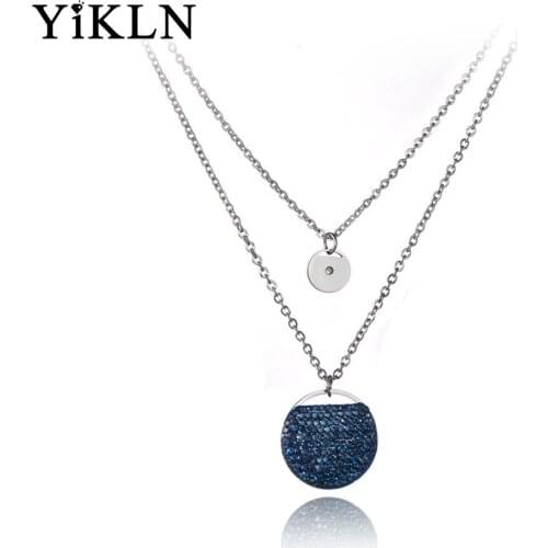 YiKLN Trendy Bohemia Titanium Stainless Steel Double Layers Dark Blue Rhinestone Round Shape Choker Necklaces For Women YN19168