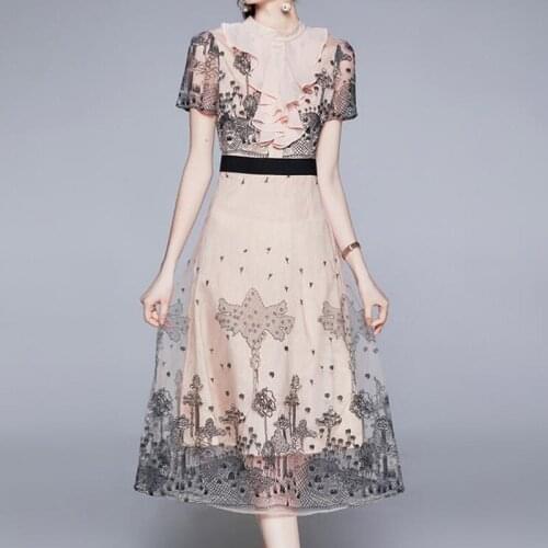 ZAWFL Fashion Runway Summer Dress Women O-Neck Embroidery Hollow Out Mesh Midi Dress Ladies Party Sweet Dresses