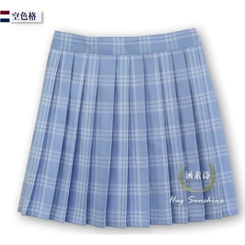 Water blue hollow lattice Grid Womens Pleated skirt New High quality Plaid High waist uniform skirt