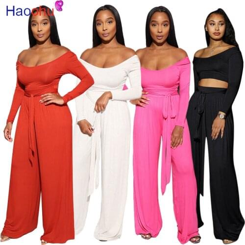 HAOOHU Fitness High Streetwear Two Piece Sets Women Fashion Casual Workout Tracksuits Long Sleeve Off Shoulder Top Pants Set