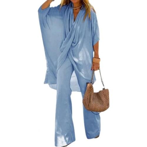 1 Set Women Outfit Bat Sleeve Wide Leg Spring Autumn Irregular Cross Solid Color Top Pants for Daily Wear