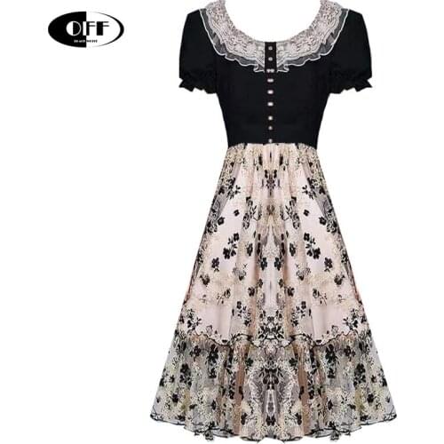 Fashion summer midi dresses for women lace embroidery short sleeve elegant Buttons floral vintage party night dress lady clothes