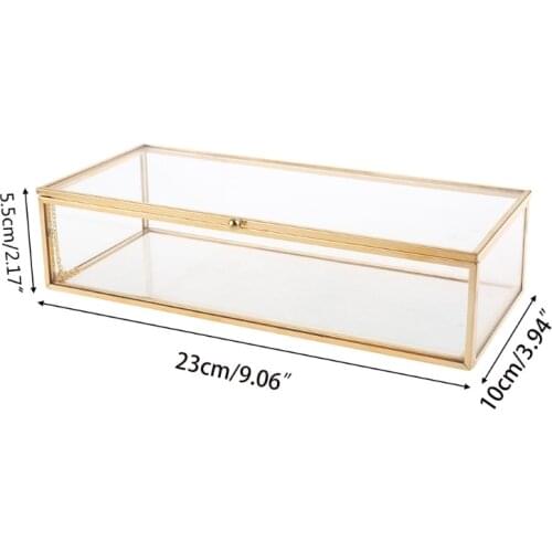 Golden Vintage Glass Lidded Box Edge Bracelet Keepsake Decorative Jewelry Display Personalized Large Clear Rectangle Box P15D