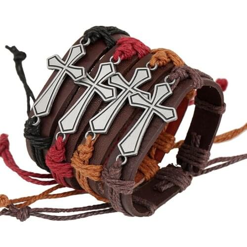 Big Jesus Cross Genuine Leather Bracelet Antique Silver Rope Chain Charms Wrap Bracelet For Women Men Jewelry 12PCs Mix Colors