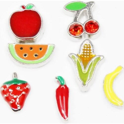 20pcs/lot Strawberries Cherries Watermelon Apple Banana Enamels Fruits Floating Charms For Glass Lockets Memory Pendant Jewelry