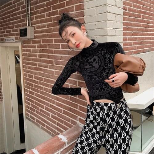Chinese Style Dragon Pattern Totem Velvet High Collar Slim Long-Sleeved Blouse Sexy Slim Women Top