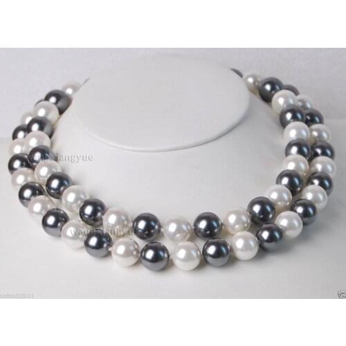 Long 34"12MM Elegant white /black South sea Shell Pearl Necklace