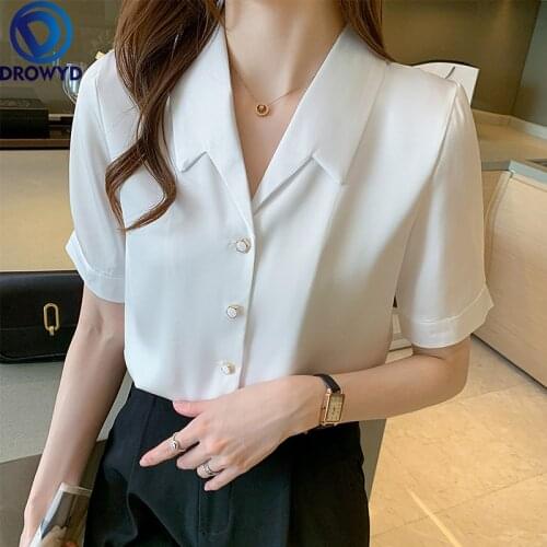 DROWYD Office Ladies Short Sleeve Satin Shirt Female Elegant Formal OL Chic Button White Blouse Plus Size Girl Sweet Tops Shirt