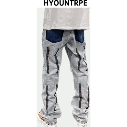 Fashion Back Zipper Denim Jeans Pants Men Knee Holes Hip Hop Streetwear Pants Trousers New Casual Harajuku Straight Pant Joggers