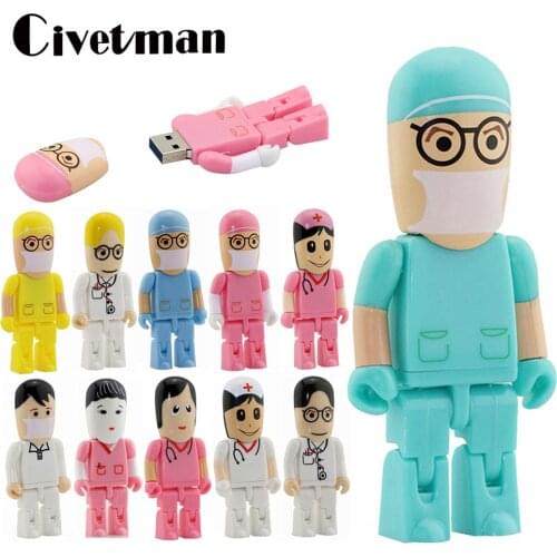 Cartoon Pen Drive Doctor Robot Model USB 2.0 Flash Memory Stick 8GB 16GB 32GB 64GB 128GB 256GB Nurse USB Flash Drives Thumbdrive