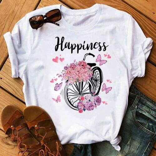 FIXSYS Funny Bicycle with Flowers Women Tshirt New Women T Shirt Summer Harajuku Short Sleeve White T Shirts Casual Woman Tops