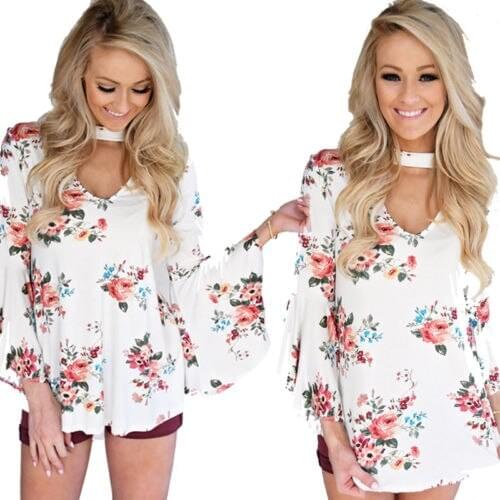 Hirigin 2017 Fasion Womens T-Shirts Autumn/Summer Flower Women T-Shirts Sweet Girls Top Tshirts Collar V-Neck Free-Shipping